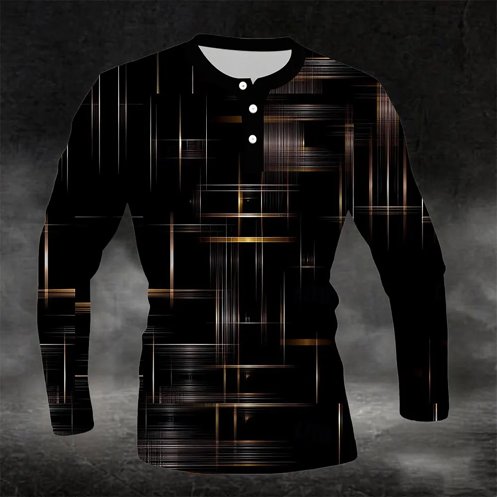 3D Golden Stripe Print Men's Henley T-Shirt Autumn Winter Simple Design Long Sleeve Tops Fashion Casual Henry Collar Button Tees
