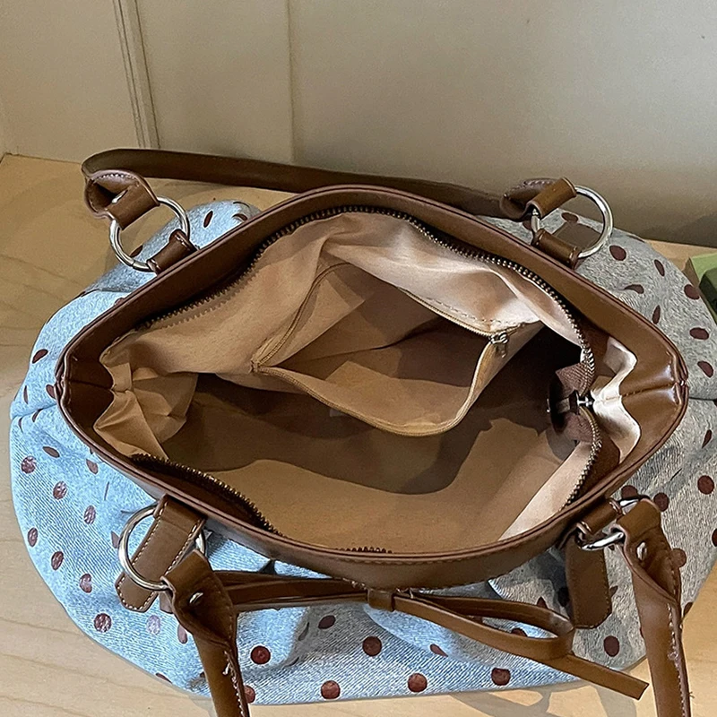Koreanische Polka-Dot-Schleifenknoten-Patchwork-Hobo-Unterarmtasche, Damenhandtasche, vielseitige leichte Pendler-Tragetasche, lässig-schicke Tasche – Detail 4