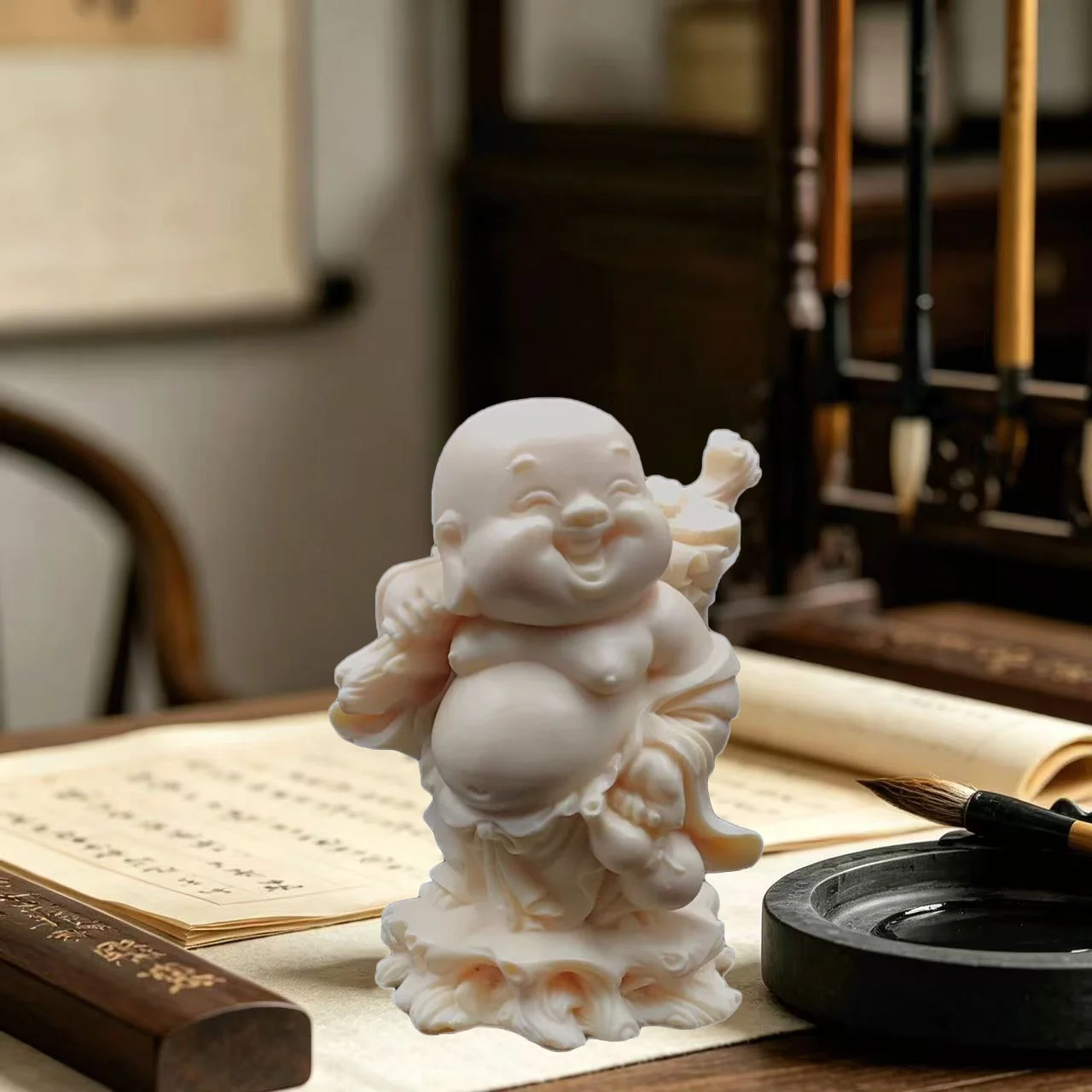 Laughing Buddha Statue, Resin Happy Buddha Figurine, Feng Shui Lucky Charm Ornament for Car Dashboard, Office Desk, Home Decor