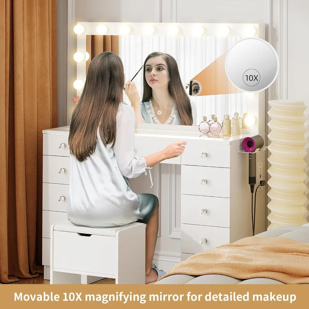 Vanity with Lighted Mirror - Makeup Vanity Desk with Glass Top and 11 Drawers,  46