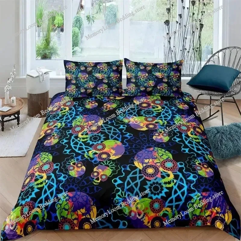 Sugar Skull Duvet Cover Set Gothic Skeleton Bedding Set Halloween Theme Luxury Floral Comforter Quilt Cover for Girls Kids Teens