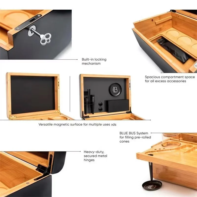 Large Bamboo Wooden Stash Box with Rolling Tray, Weed Tray Kit with Removable Divider, Wood Storage Set, Smoking Accessories