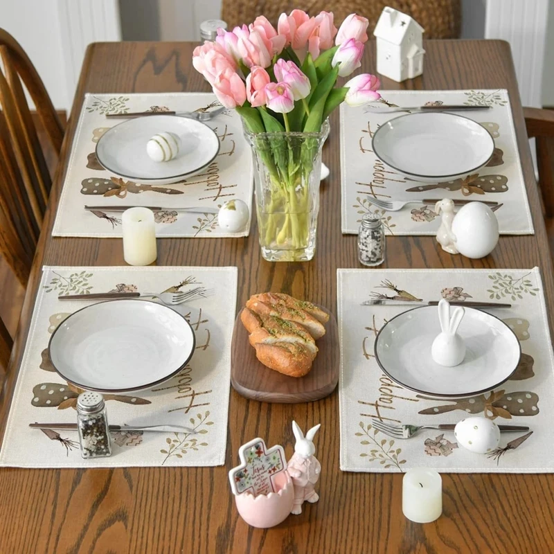 2024 Easter Rabbit Table Runner Linen Bunny Dining Table Cloth Placemat Spring Holiday Happy Easter Decoration For Home Kitchen