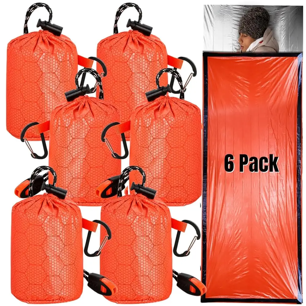 

Набор из 6 аварийных спальных мешков для выживания, термоодеяло-бивуак, легкий портативный нейлоновый мешок с фонариком, алюминизированный