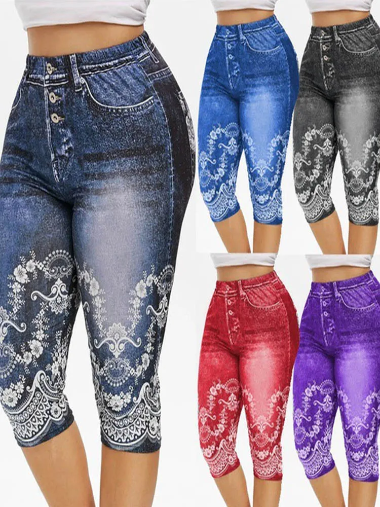 

Women Yoga Shorts Leggings Summer Fake Denim Ladies Short Pants Summer Floral Printed High Waist Female Shorts