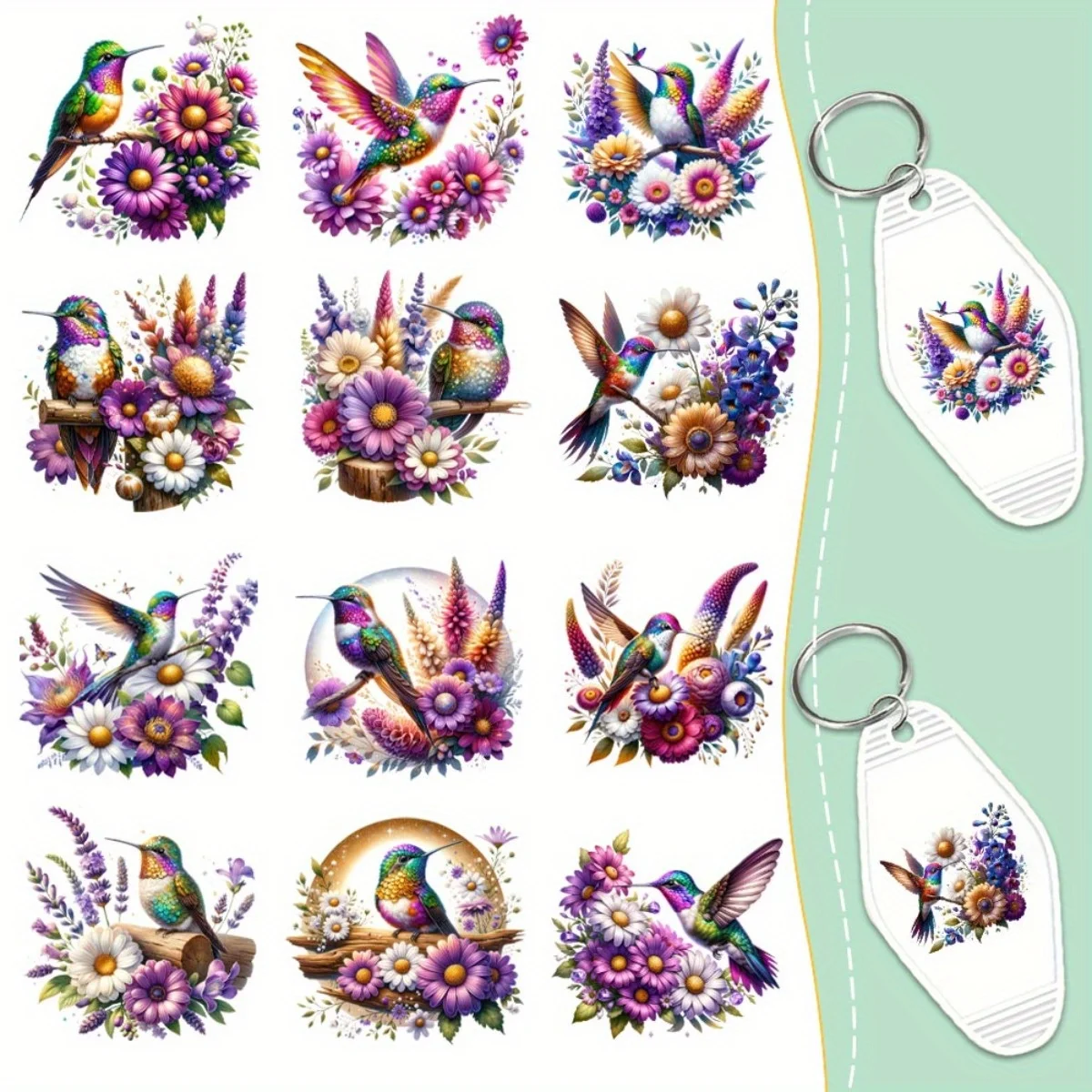 

60 Pieces Purple Hummingbird Flower Transfer Pper UV DTF Transfer Durable High Viscosity Adhesive DIY Crafts And Keychain