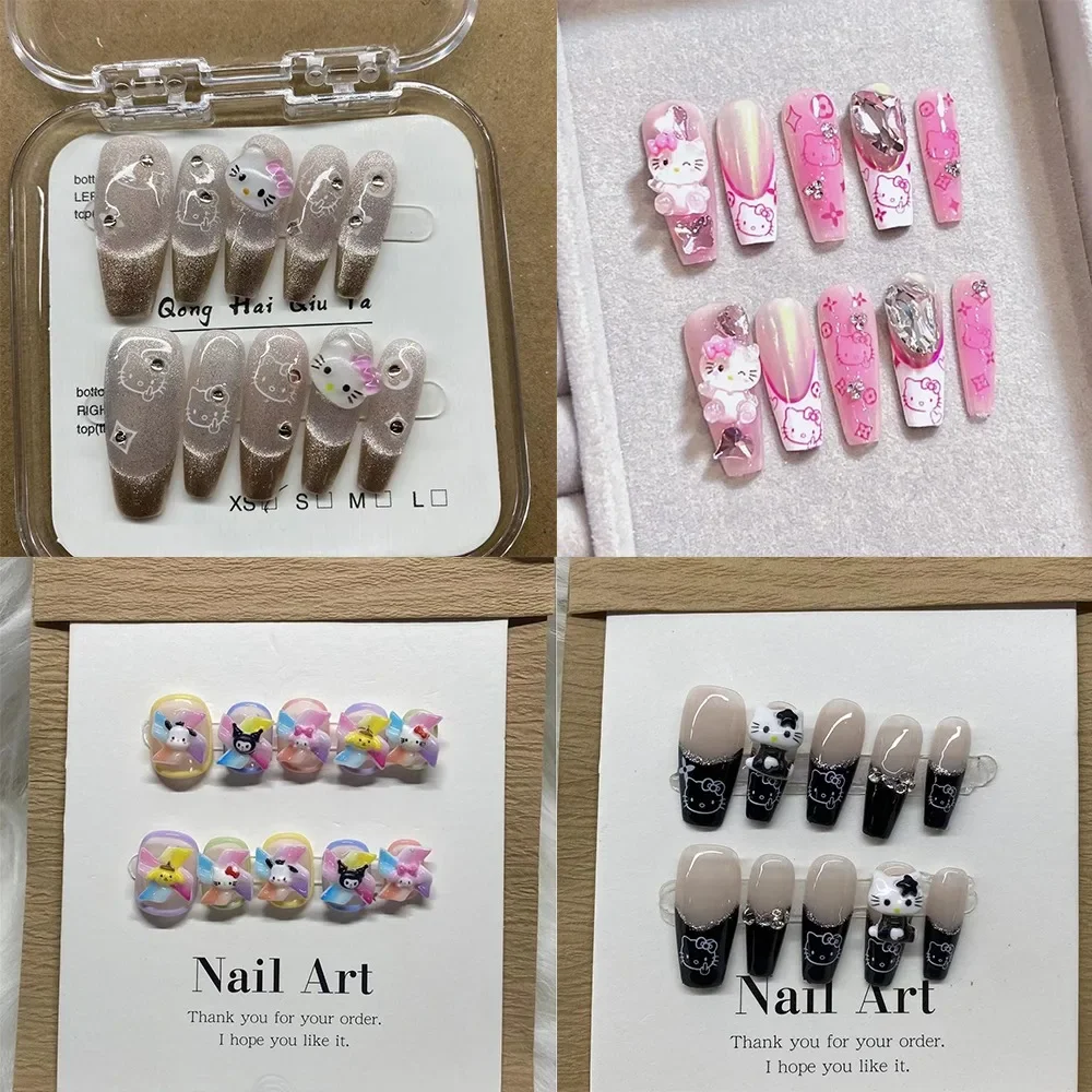 

Kawaii Cute Sanrio Hello Kitty Handwork Press-on Nails Sweet Love Detachable Press-on Nail Schoolgirl Accessory Festivals Gift