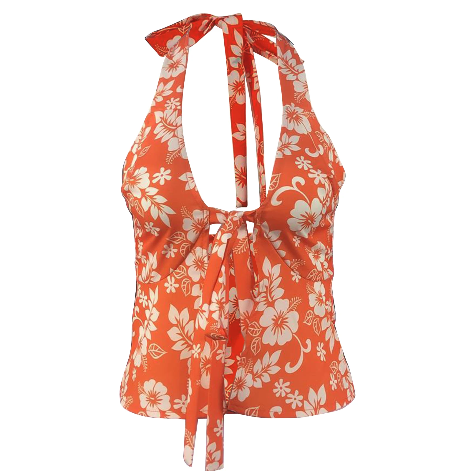 Women'S Halter Crop Print Backless Hanging Neck Small Vest Orange Vest  Sleeveless V-Neck Flower Print Lace Up Open Top Vest