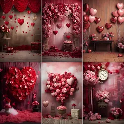 February 14 Valentine's Day Theme Red Rose Flower Wood Floor Love Heart Wedding Newborn Bridal Portrait Photo Background Props