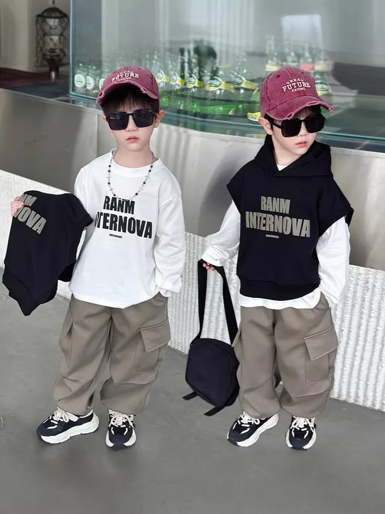 High-Quality Autumn Outfit Boys hooded vest+T-shirts+Cargo Pants 3Piece Set Casual Kids Clothes Suits  2-10Years