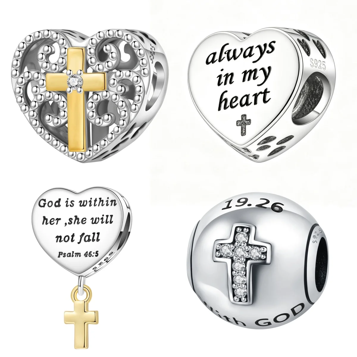 MISEFF 925 Sterling Silber Kreuz-Herz-Perle Religiöse Symbole „Immer in meinem Herzen“ Schützende Liebe für Armband DIY Schmuck Geschenk