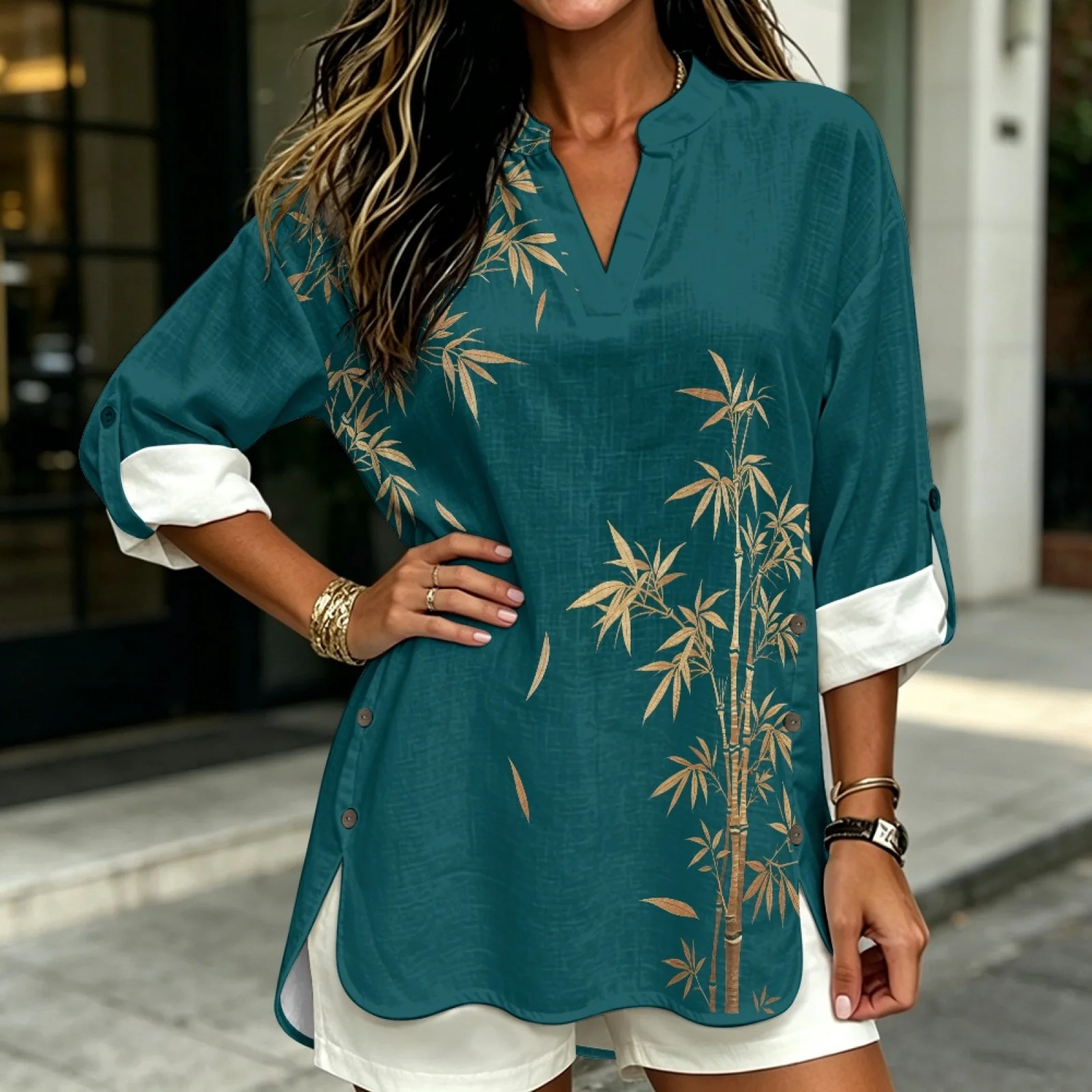 PENSTROLL Golden Bamboo Linen Style Causal Shirt for Early Fall Breathable Beach Tops Long Sleeve Tops for Women