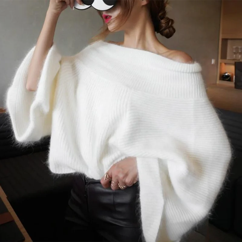 

2024 Sexy Off Shoulder Knitted Sweater Women Solid Loose Flare Sleeve Pullover Female Slash neck Mink Cashmere Sweater Jumpers