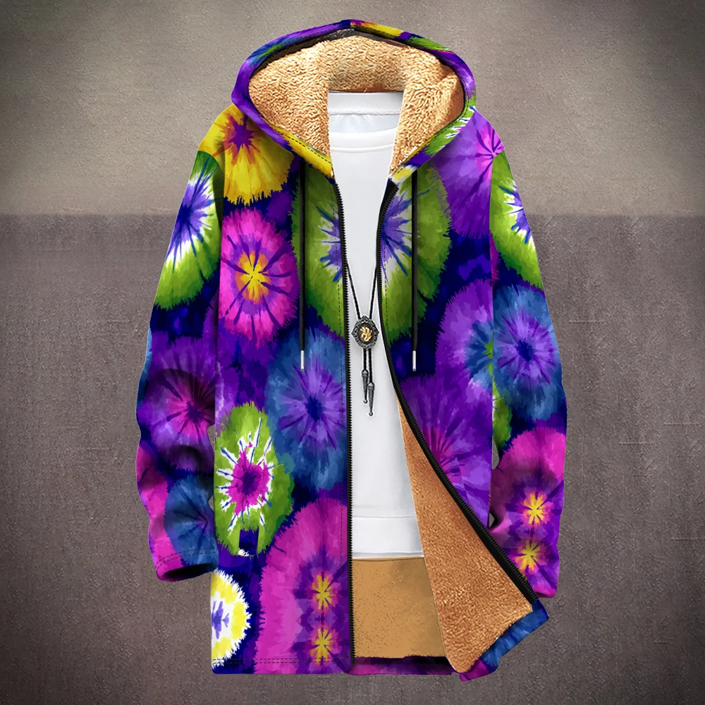 

Winter Unisex Gradient Tie-Dye Hooded Jacket Colorful Swirl Print Fleece-Lined Coat Unisex Streetwear Fashion with Faux Fur Hood