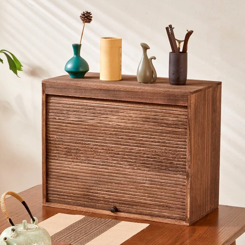 Solid Wood Tea Storage Cabinet Dust‑Proof Roller Shutter Cup Teapot Organizer Tea‑Set Display Case Practical Teahouse Container