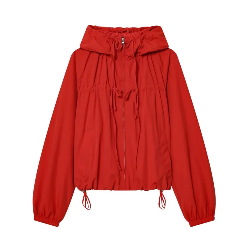 

Новая женская нейлоновая куртка с завязками, весенняя повседневная толстовка с высоким воротником, винтажная женская куртка с эластичным шнурком, женские топы