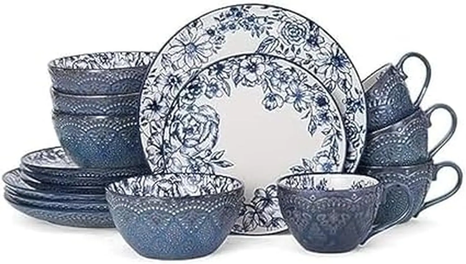 

Gabriela Blue 16-Piece Dinnerware Set for 4, Durable Stoneware with Elegant Pattern, Dishwasher Safe