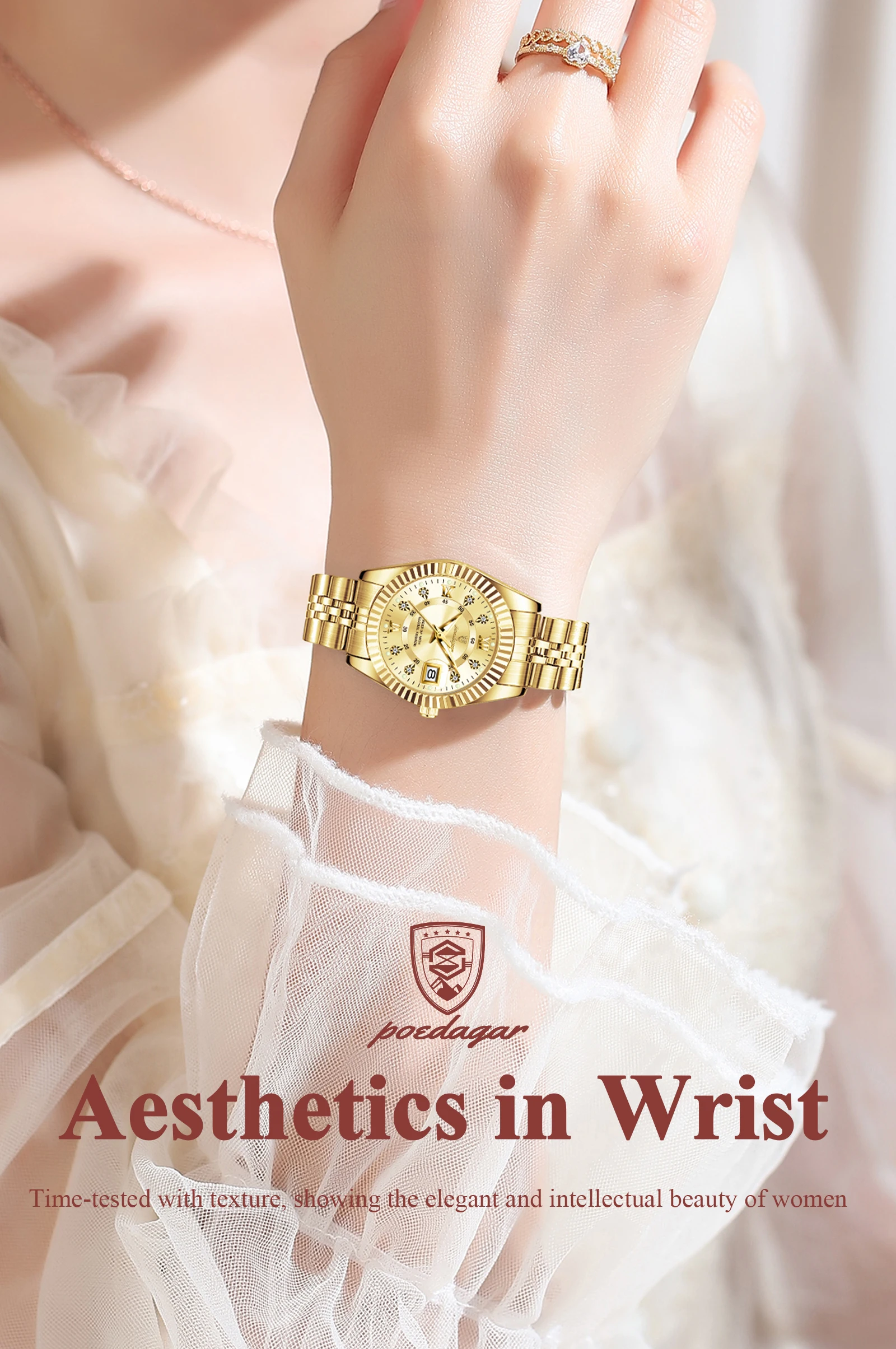 POEDAGAR Mode frauen Armbanduhr Wasserdicht Leucht Datum Elegante Damen Uhren Edelstahl Quarzuhr Für Frauen Reloj – Detail 2