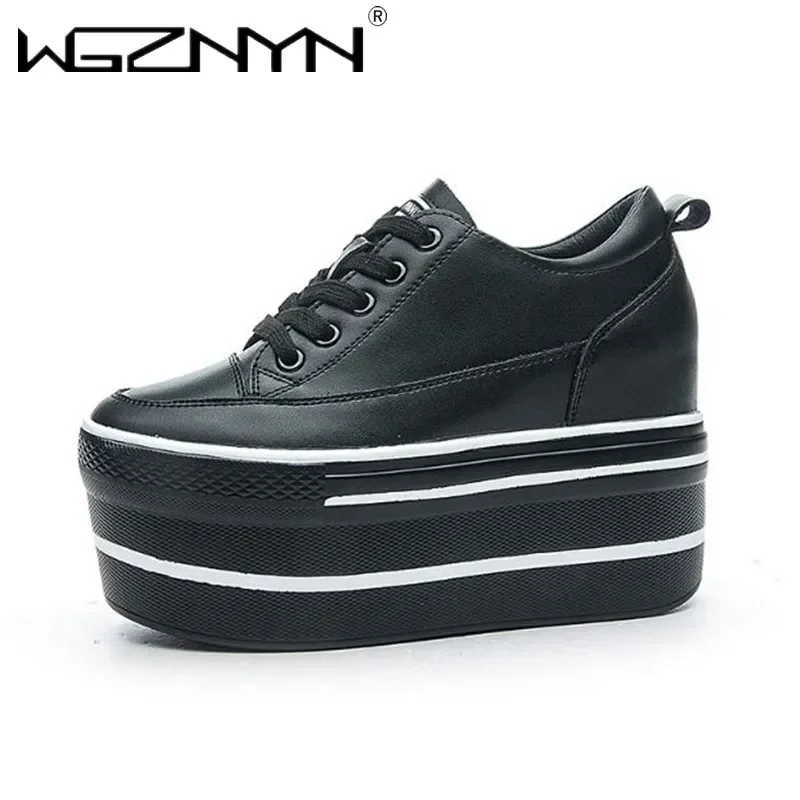 

Женская обувь на плоской подошве на высоком толстом каблуке 10,5 см, новая брендовая повседневная обувь из натуральной кожи, мягкая качественная повседневная обувь, кроссовки белого, черного цвета