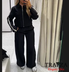 TRAFZA-Women Fashion Side Stripe Jacket Pant Set Zipper Jacket + Wide Leg Pant 2 Pieces Set New Spring Autumn Sports Style Suit