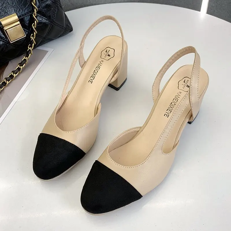 Patchwork Shallow Sandals Mixed Color Chunky Single Shoes Women Summer Side Cut Out Stretch Back Strap Slip on Slingback Sandals