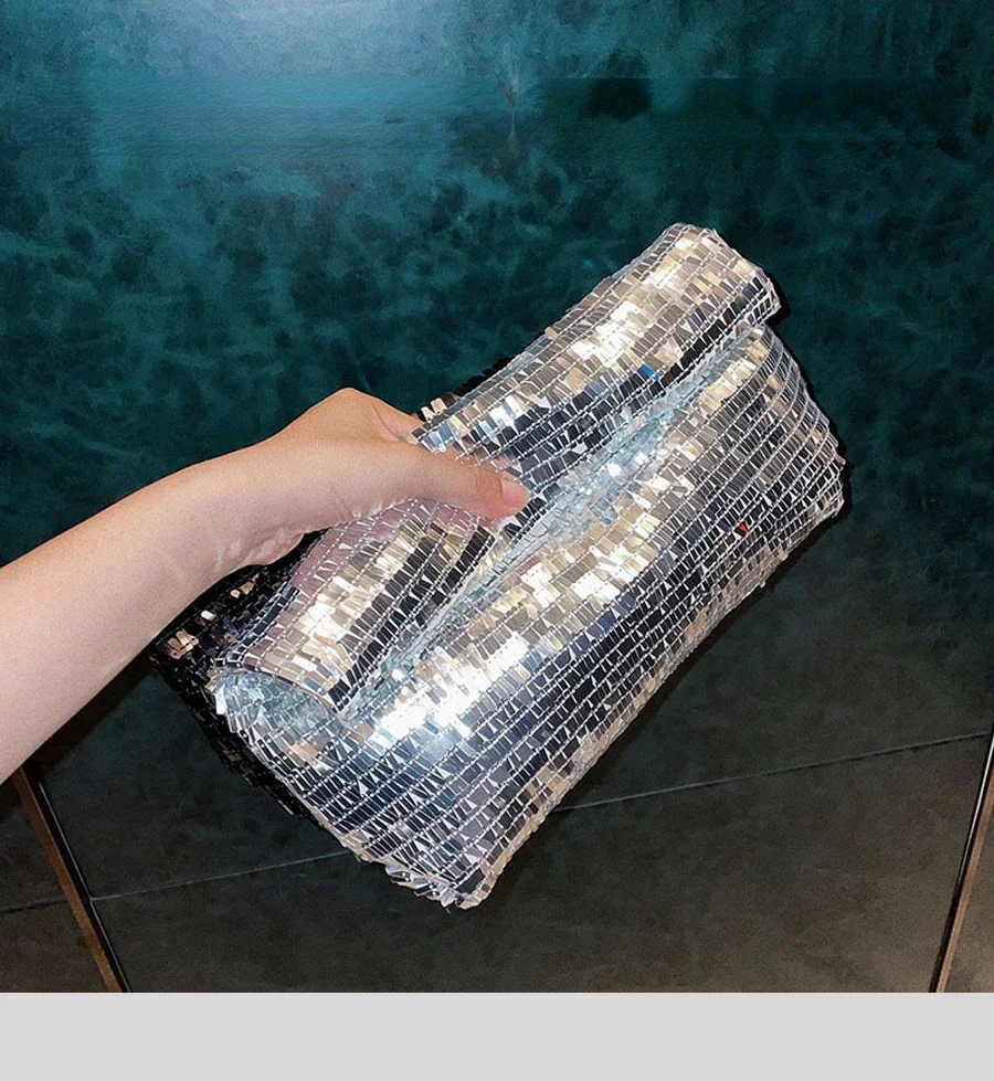 Designer Luxury Handbags Silver Sequin Rhinestone Women Small Wallets Bags Elegant Ladies Party Evening Clutch Purse 2024 New