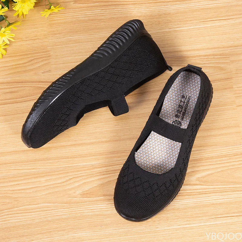 Cozy Sport Mary Janes Flats Women Knit Mesh Sneakers Breathable Summer Shoes Ladies Casual Flat Shoes Comfortable Loafers Black