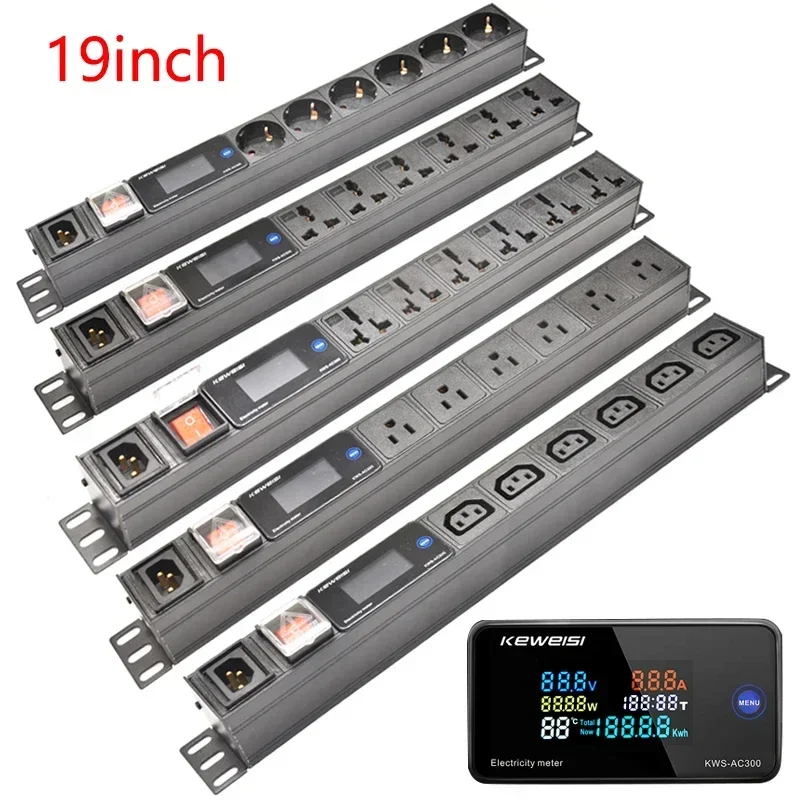 

19Inch Cabinet Mount PDU Power Strip 6 Wyas EU/US/UK C13/Universal Socket Digital Voltmeter Ammeter Wattmeter C14 interface