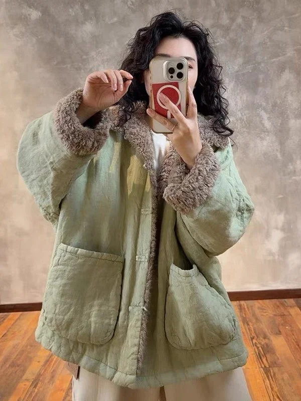 

Women's Winter Linen Versatile Patchwork Fur Collar oulder-Drop Button Design Loose Cotton Jaet Outerwear Korean Sle