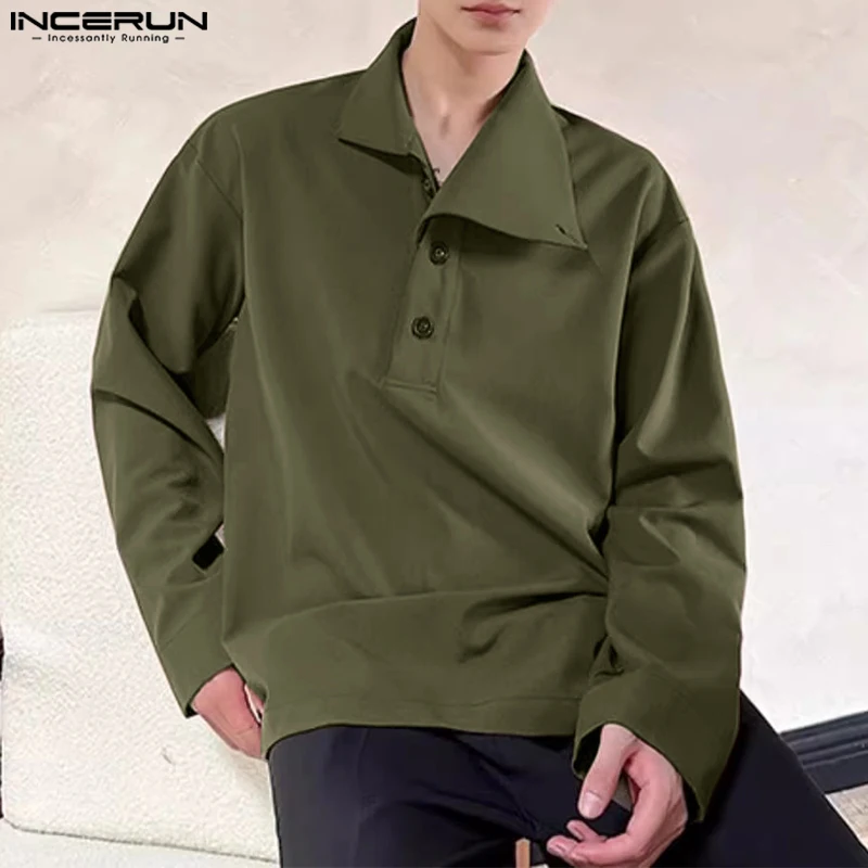 Moda estilo casual topos incerun novos homens assimétrico pescoço design camisas masculino simples sólido solto blusa de manga comprida S-5XL 2024