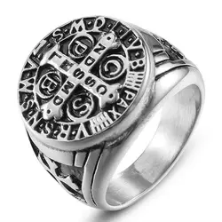 Mens Catholic St Saint Benedict Cross Ring Stainless Steel Exorcism Medal