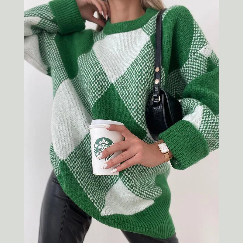 Argyle Sweater Women ZA Autumn Winter 2024 Green O-Neck Oversized Long Sleeve Knitted Casual Soft Clothing Lady Pullover Outwear