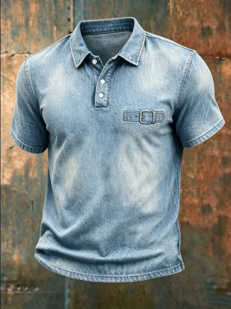 Men's Bodycon Light Blue Denim Washed Polo Shirt with Buckle Detail, Tight-Fit Design to Highlight Muscular Physique, Vintage Ca