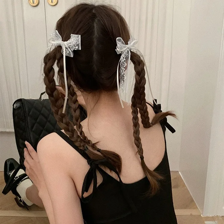 Ballet Girl Pure Desire White Lace Bow Ribbon Hairpin Pairs Ponytail Ribbon Hair Clip Headdress Duckbill Clip Pieces