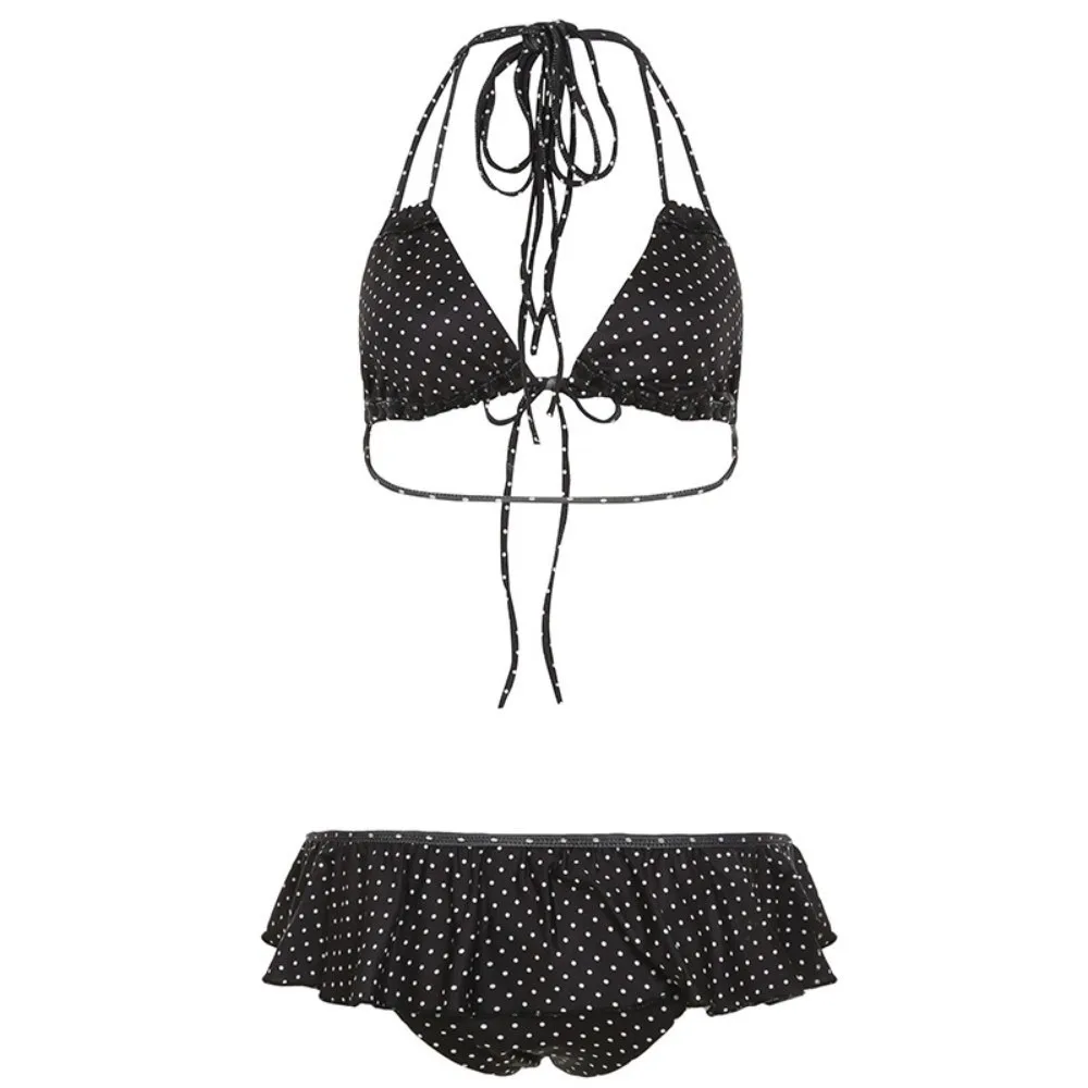 

Sexy Ruffled Bikini Suit Lace Up Slim Fit Swimwear Set Deep-V Halter Neck Polka Dot Swimsuit Beach