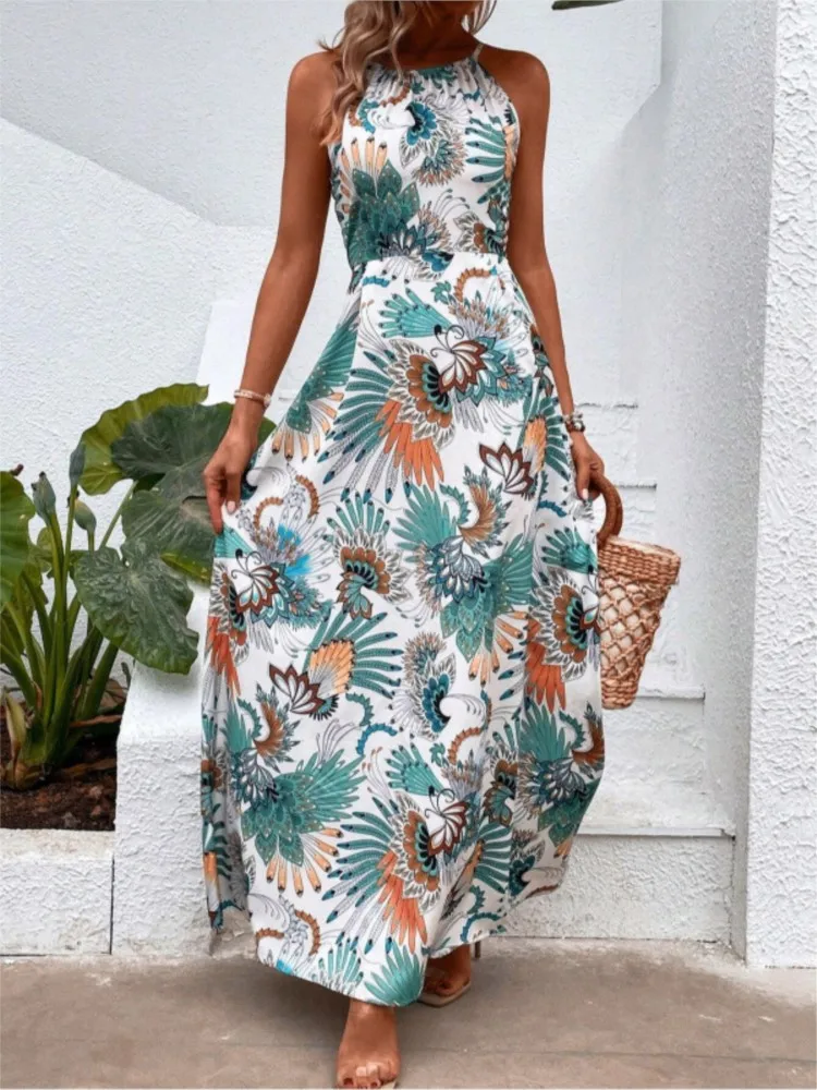 Sexy Backless Dresses For Women 2025 Summer Print Spaghetti Strap Long Dress Sexy Lace-up A-Line Vacation Boho Dress Vestidos