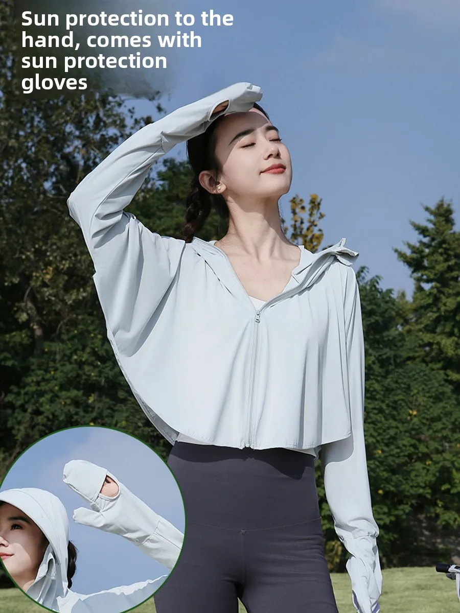Roupa de proteção solar fena verão 2025 com luvas, x de ombro, proteção UV, cobertura de seda gelada, casaco curto