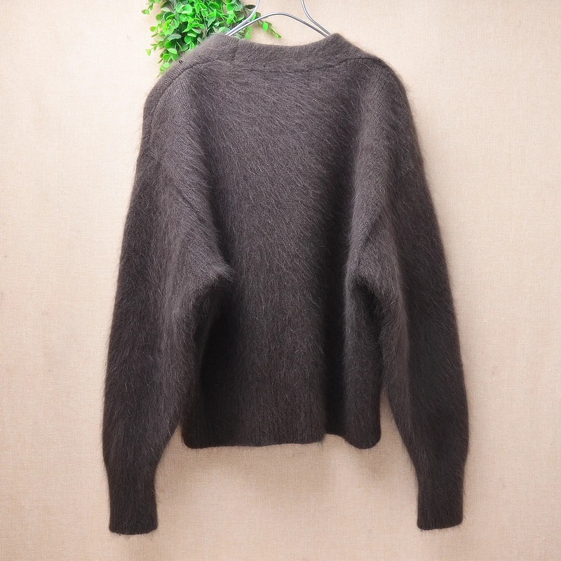 Ladies Women Autumn Winter Hairy Angora Rabbit Hair Knitted V-Neck Long Sleeves Short Style Loose Cardigans Sweater Jacket Pull