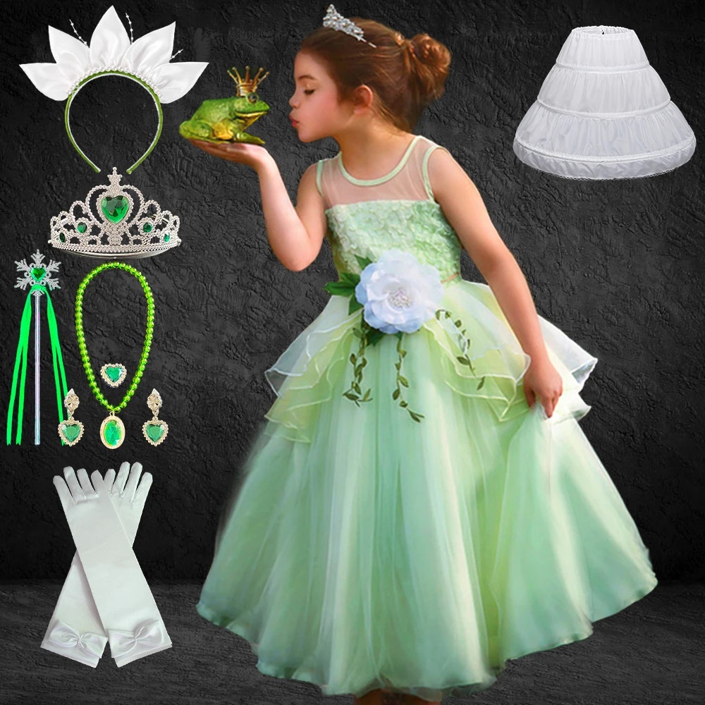 Boutique Halloween Children Tiana Cosplay Costume Girls Party Green Tulle Gowns Flower Princess Dresses Fancy Fairy Elf Dress Up