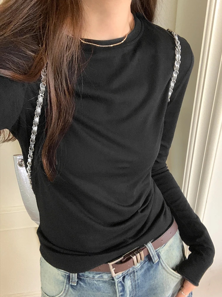 Spring Autumn T Shirt Women Tops Solid Long Sleeve Ruched O Neck Tshirts Female Korean Casual Streetwear High Quality Base Tees
