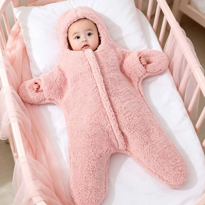 Baby Star Shaped Jumpsuit, Thickened Winter Warm Swaddles Wrap, Skin‑Friendly Fleece Zipper Infant Sleeping Blanket for 15UB