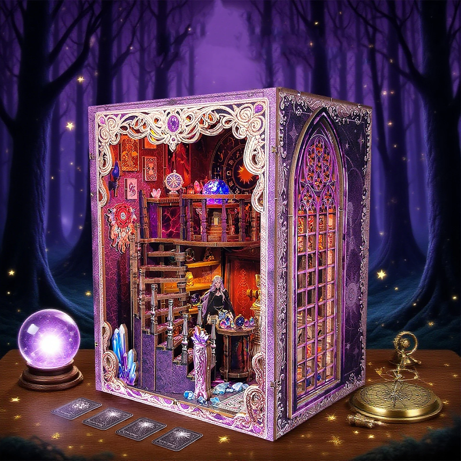 DIY Buchecke Holz Miniatur Modellbausätze Tarot Association Buchstütze 3D Puzzle mit LED-Licht Bücherregal für Freunde Geburtstagsgeschenk