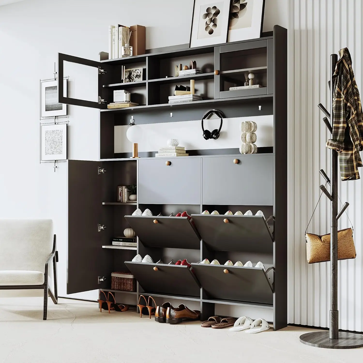 #Multifunctional Shoe Cabinet with 4 Hooks Storage Shelf 6 Flip Drawers Tempered Glass Doors Hallway Large Black Customized