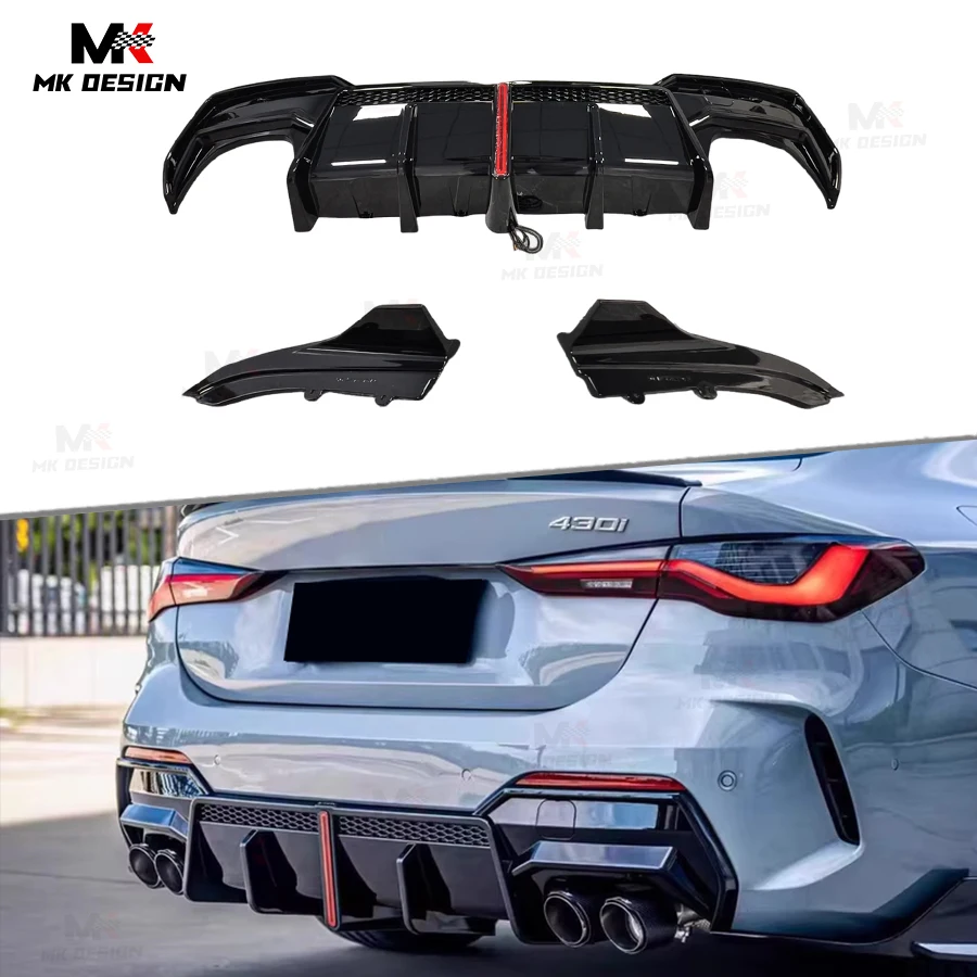 VTEN Style Rear Diffuser W/ LED Light for BMW 4 Series G22 2020+ PP Material Rear Bumper Lip Diffuser Splitters Winglet Body Kit