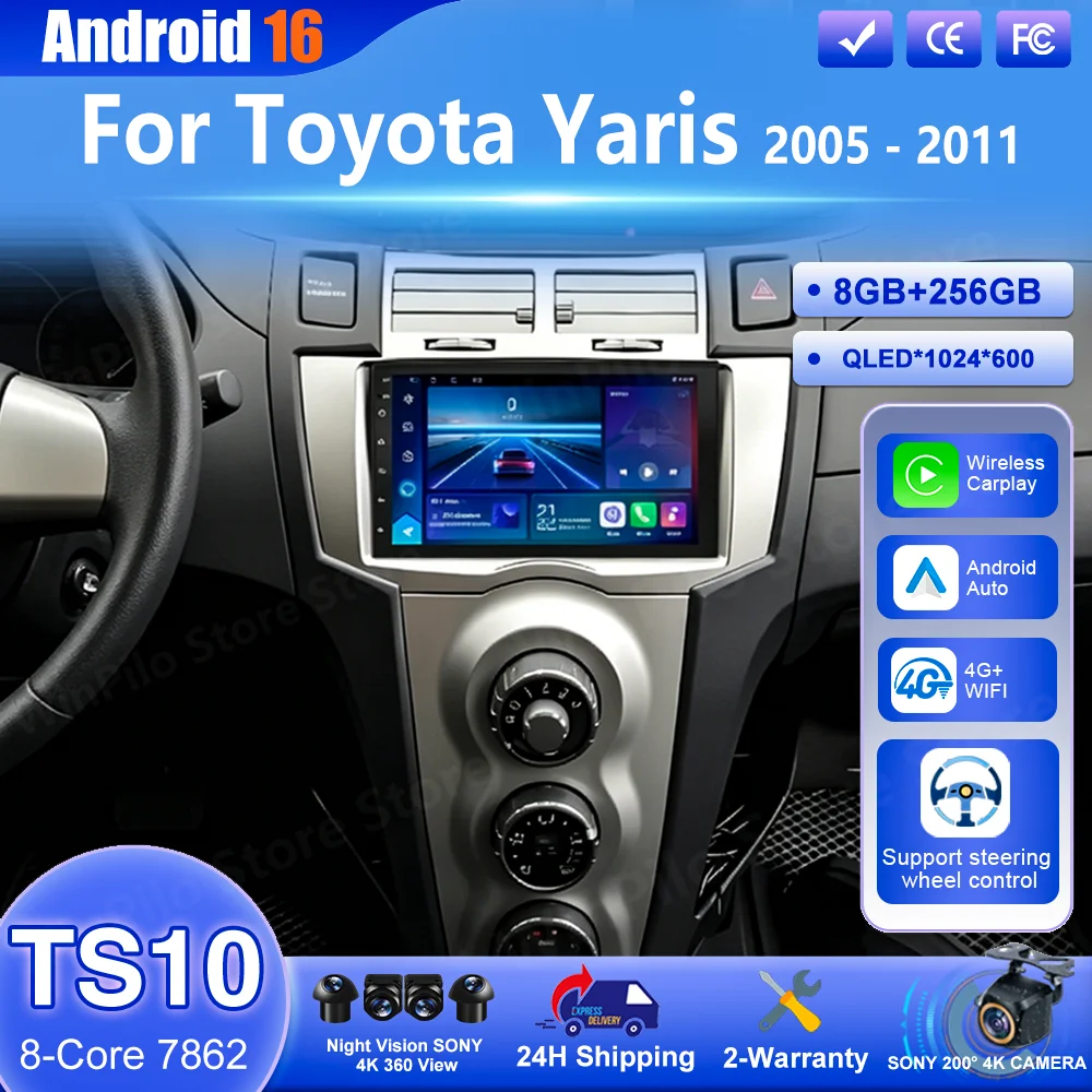 Мультимедийный проигрыватель Android 16 для Toyota Yaris 2005-2011 с CarPlay, GPS-навигацией, Bluetooth, сенсорным экраном и поддержкой 4G