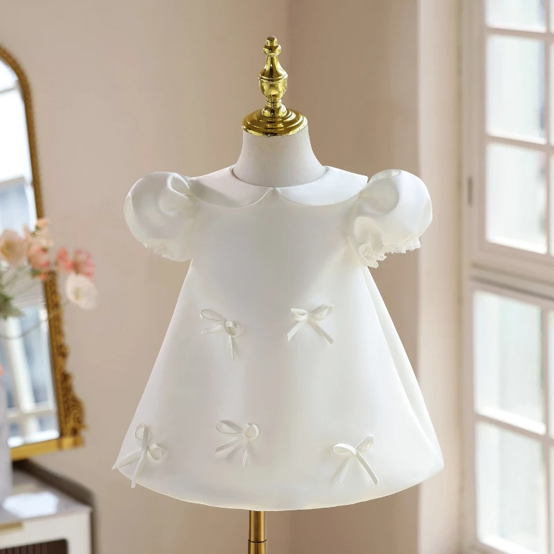 

2026 New Kids First Birthday Dress White Flower Girl Baby Children Catch Week Satin Princess Gown Pageant Elegant Costume