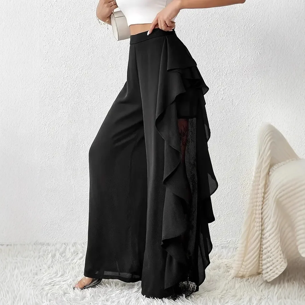 Women's Fashion High Waist Split Irregular Lace Mesh Trim Slim Fit Versatile Fashion Elegant Commute Solid Color Wide Leg Pants