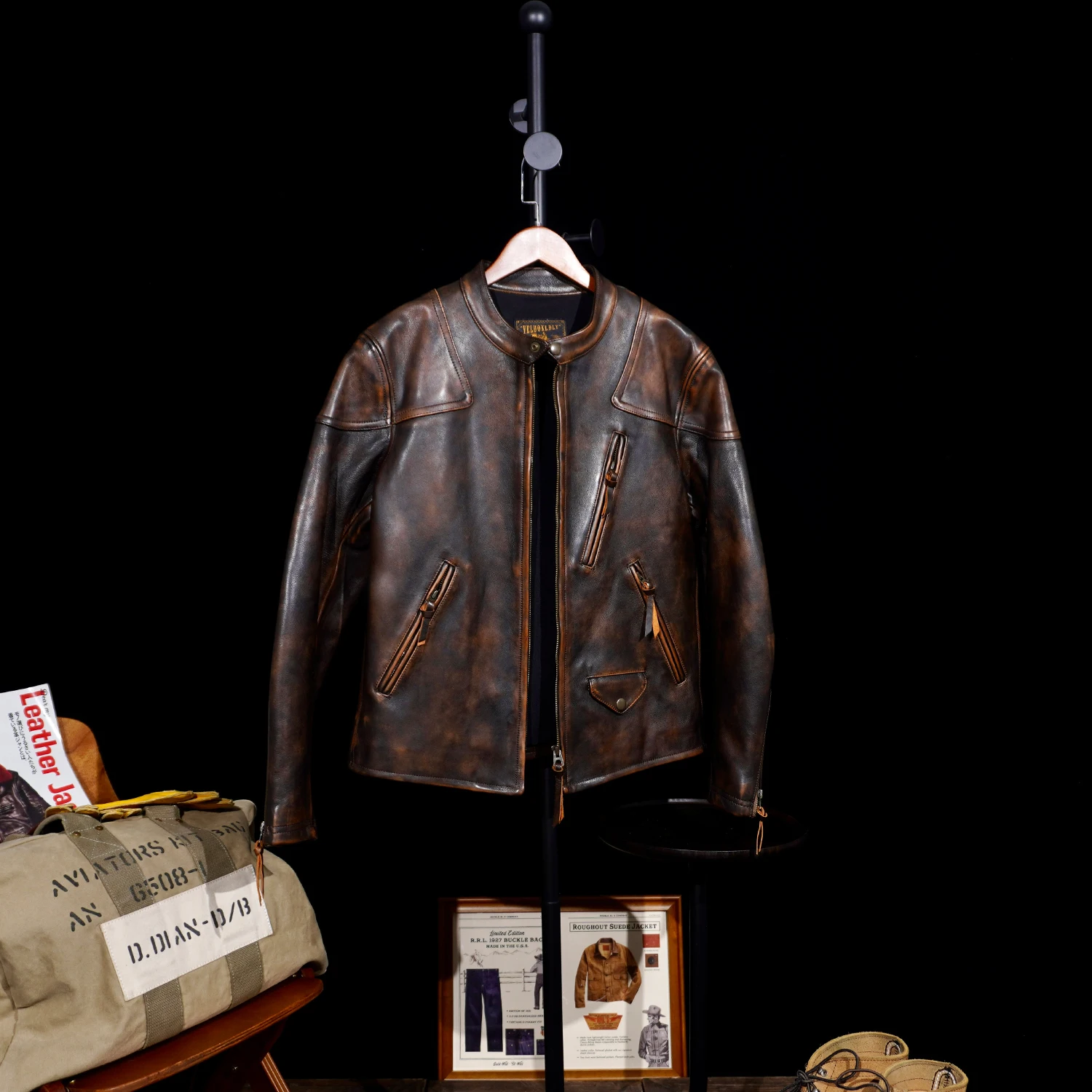 Tailor Brando American Vintage Full Grain Handaged Tea Core Cowhide Venom Men's Classic Genuine  Leather Biker Jacket