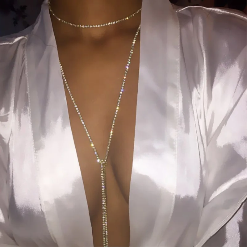 Rhinestone Body Chain Long Choker Necklace Sexy Layered Crystal Free Adjustment Thin Link Party Necklace Jewelry for Women Girls