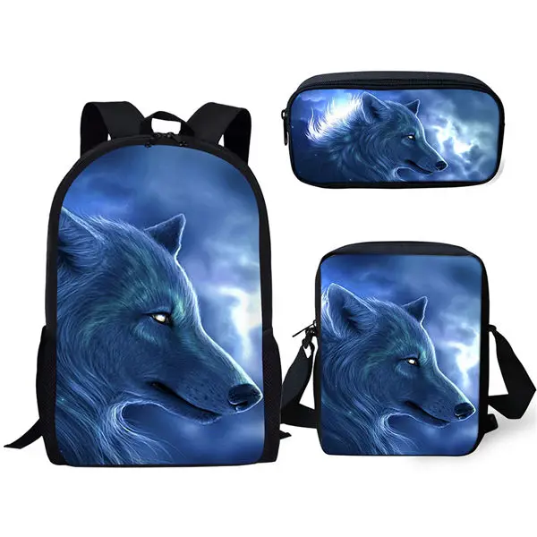 Fantasy Moon Wolf 3D Print School Bags, mochila para alunos, mochila de ombro inclinado, estojo para lápis, moda, laptop, 3 peças por conjunto